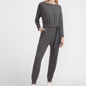 Express Gray Cozy Belted Long Sleeve Lounge Jumpsuit, Size Small